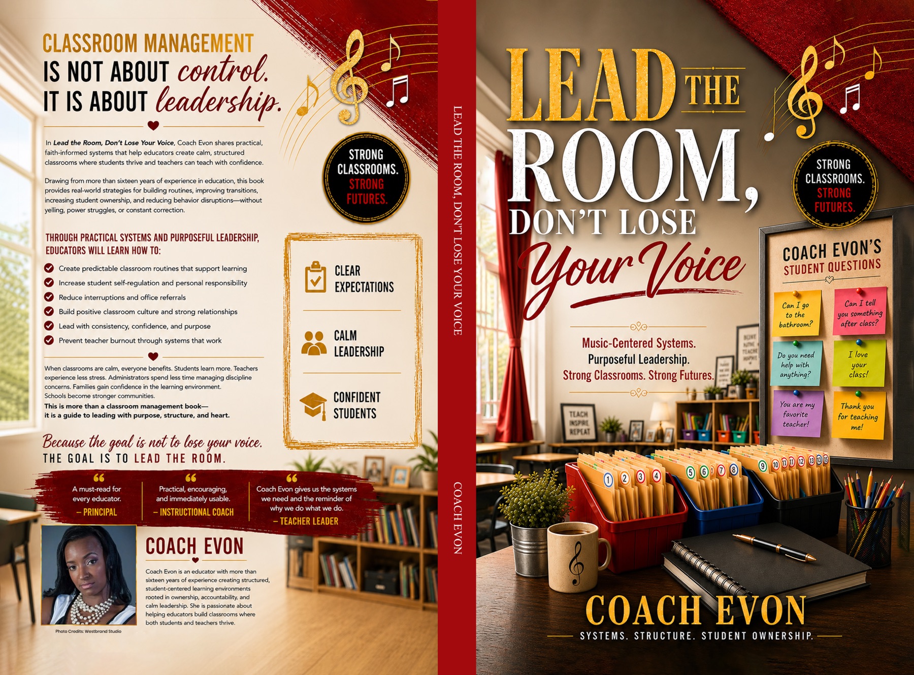 Front, spine, and back cover of Lead the Room, Don’t Lose Your Voice